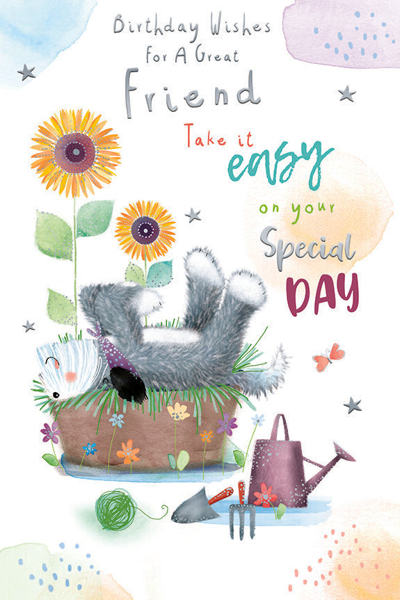 Birthday Wishes For A Great Friend Card - Cute Cat, Sunflowers, Garden