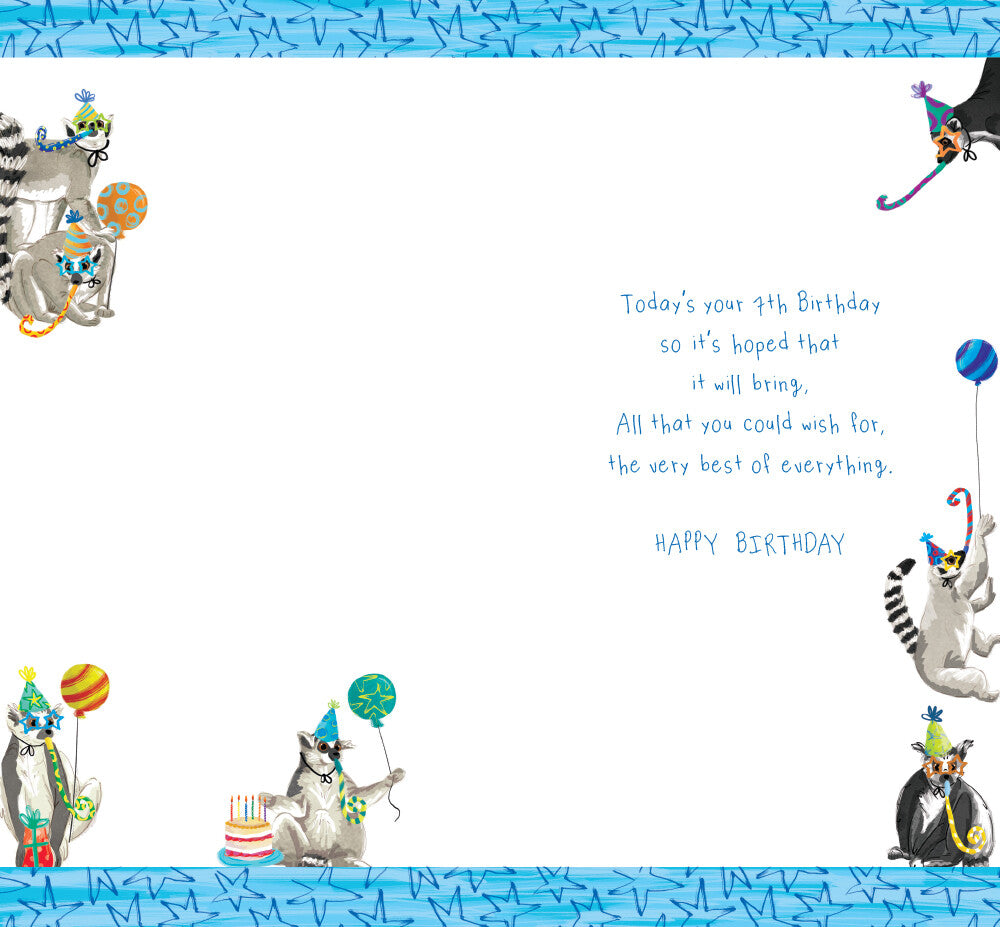 Age 7 Male 7th Birthday Card Lemurs 9" x 5" Lovely Verse