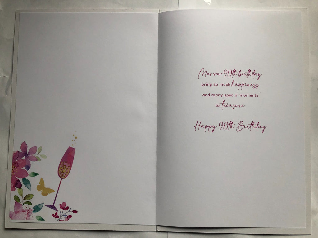 90th Birthday Card 15cm x 23cm Floral & Champagne Design Printed Verse