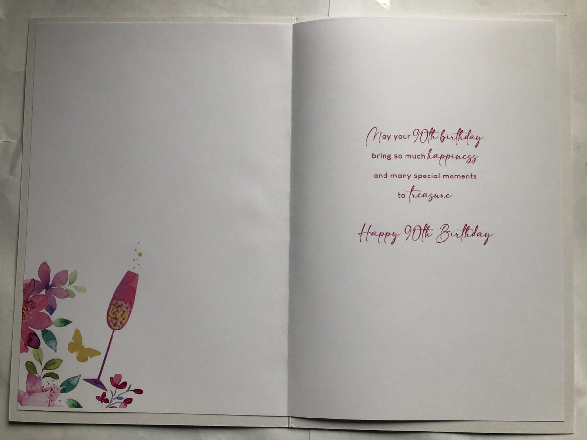 90th Birthday Card 15cm x 23cm Floral & Champagne Design Printed Verse