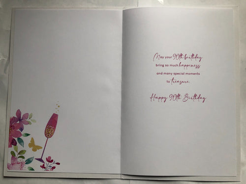 90th Birthday Card 15cm x 23cm Floral & Champagne Design Printed Verse