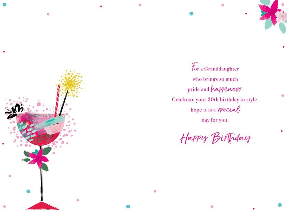 30th Birthday Card Granddaughter - Cocktail Party Design ~ Approx 6"x9"