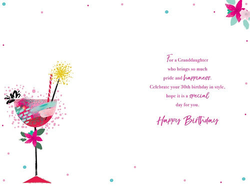 30th Birthday Card Granddaughter - Cocktail Party Design ~ Approx 6"x9"