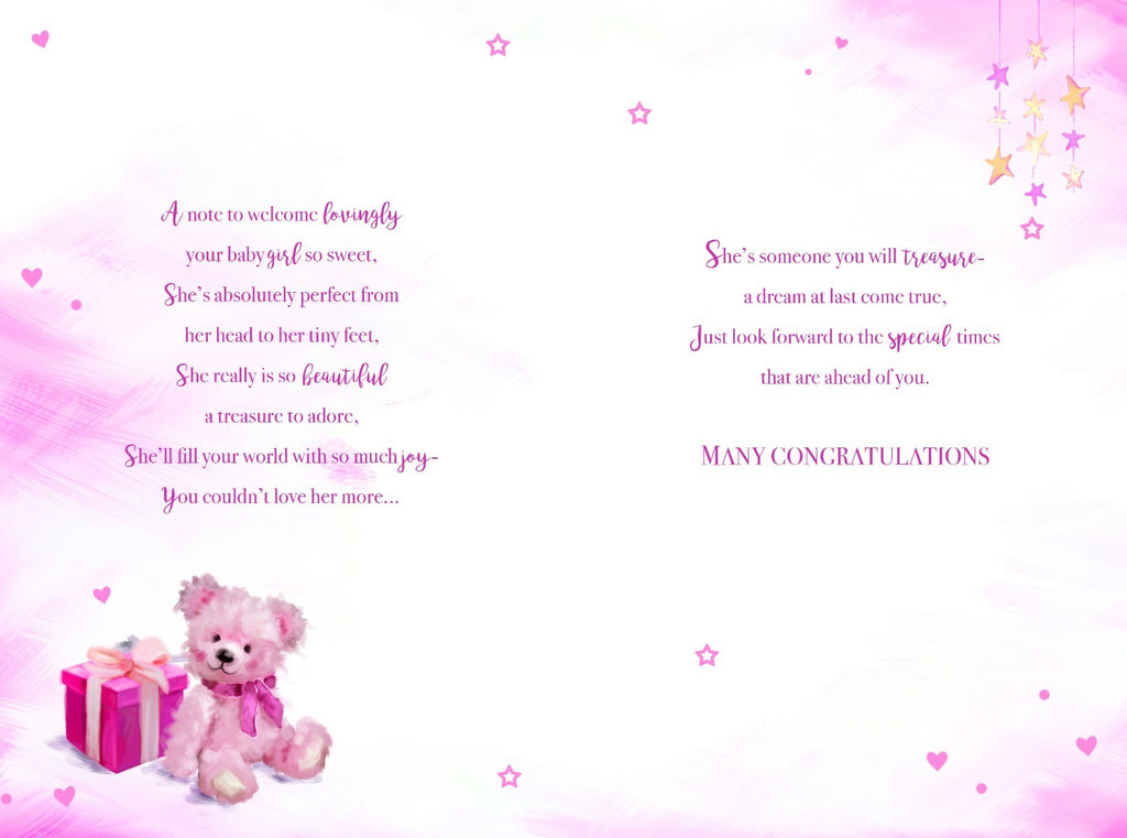 Birth Baby Girl Card On The Of Your Crib Presents Bears & Star Design New Born