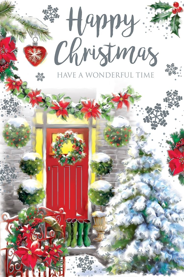 Open Christmas Card Traditional Front Dorr Scene 7.5" x 5" Lovely Verse