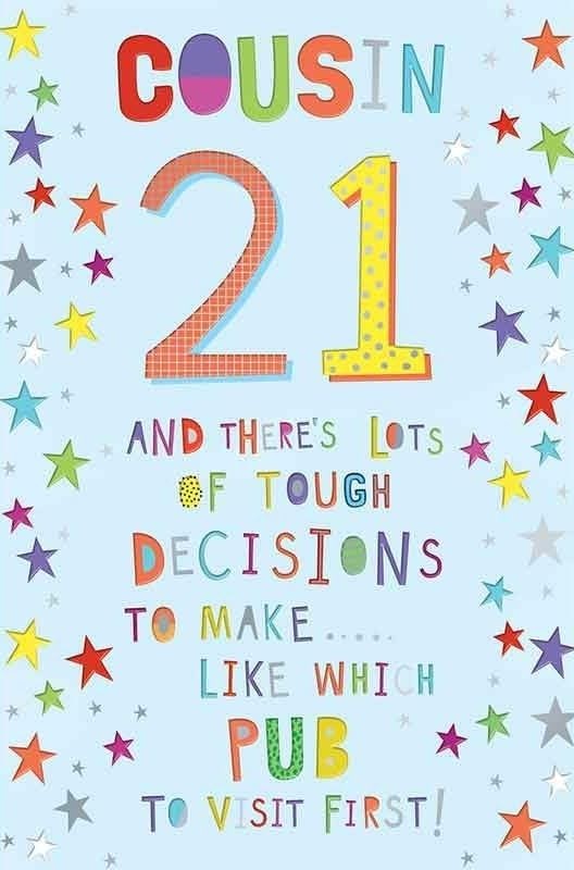 Cousin 21st Birthday Card  Colourful Stars & Humour Design  15x23cm
