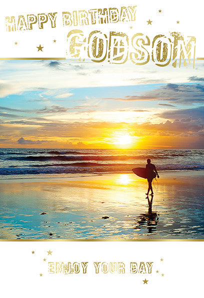 Godson Happy Birthday Card Surfing Beach Sunset Design Lovely Verse