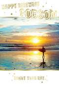 Godson Happy Birthday Card Surfing Beach Sunset Design Lovely Verse