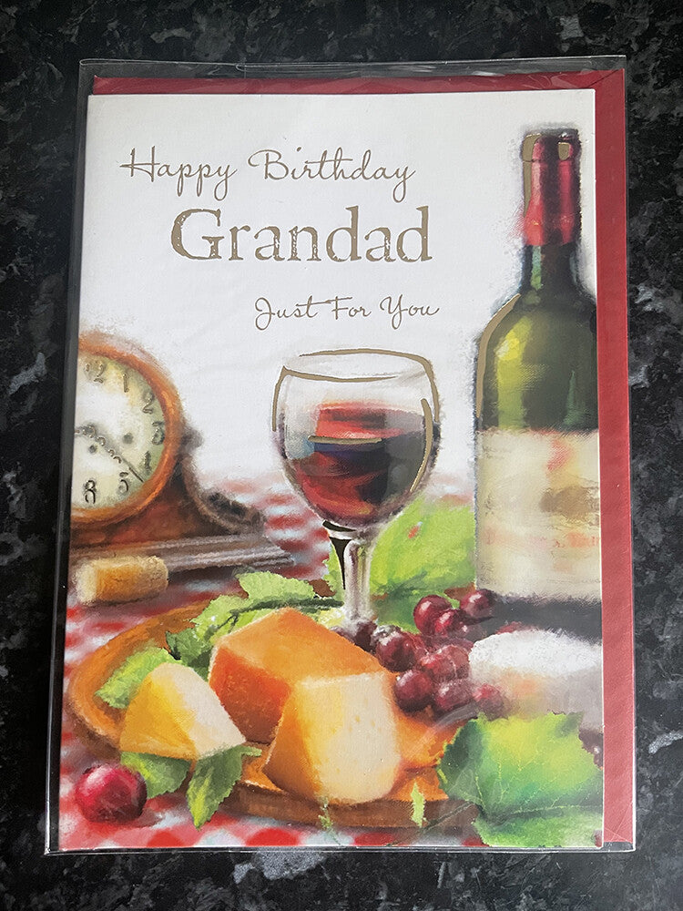 Grandad Happy Birthday Card Red Wine Cheese Board Grapes Clock