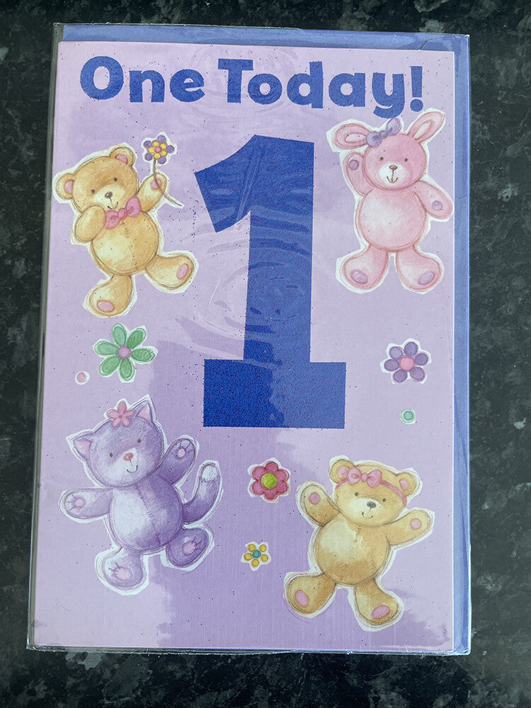 Age 1 Female Birthday Card 1st Cute Bears Ribbons Flowers