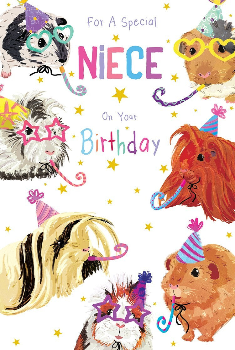 Niece Birthday Card - Cute Guinea Pigs Party Design - Modern & Bright - FREE UK