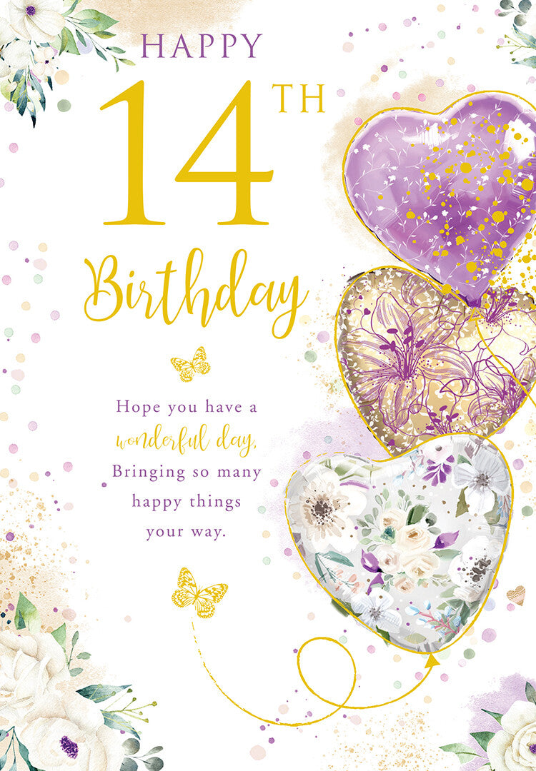 Happy 14th Birthday Card Female Foil Finish 8" x 6" Lovely Verse