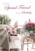 Friend Happy Birthday Card Chair & Tea Design Lovely Verse