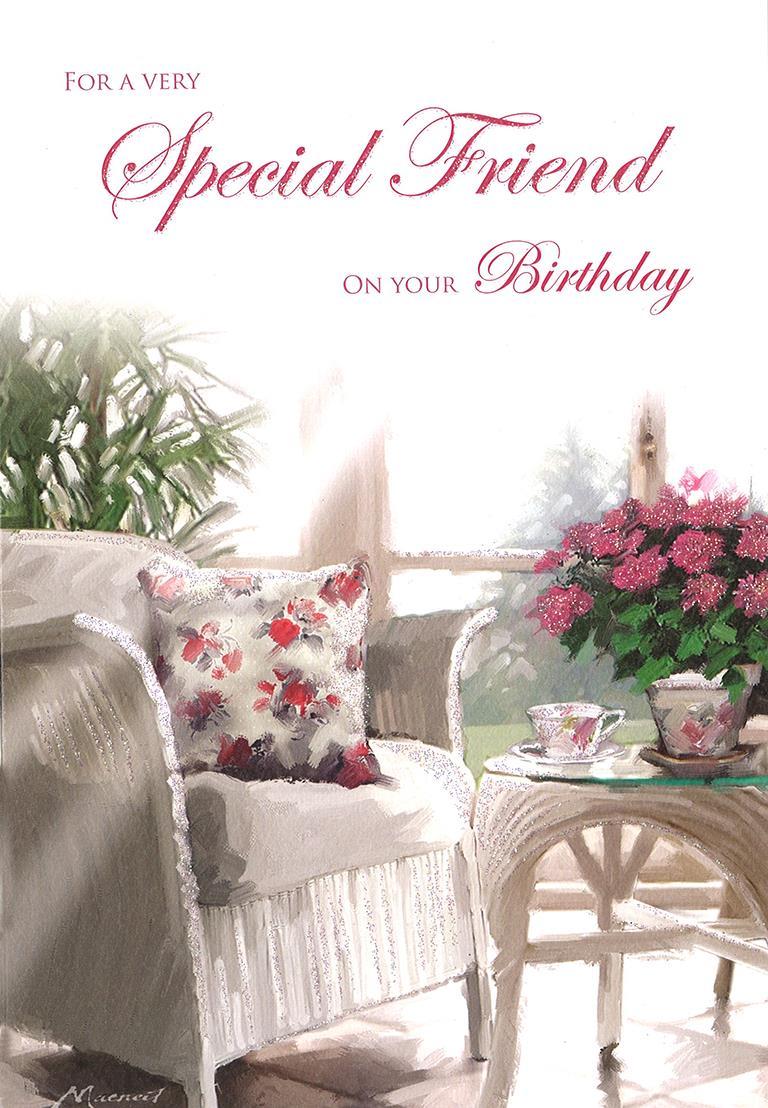 Friend Happy Birthday Card Chair & Tea Design Lovely Verse