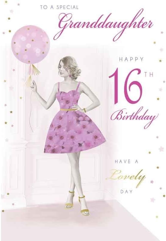 Granddaughter 16th Birthday Card Pink Gold Dress  & Balloon 15x23cm