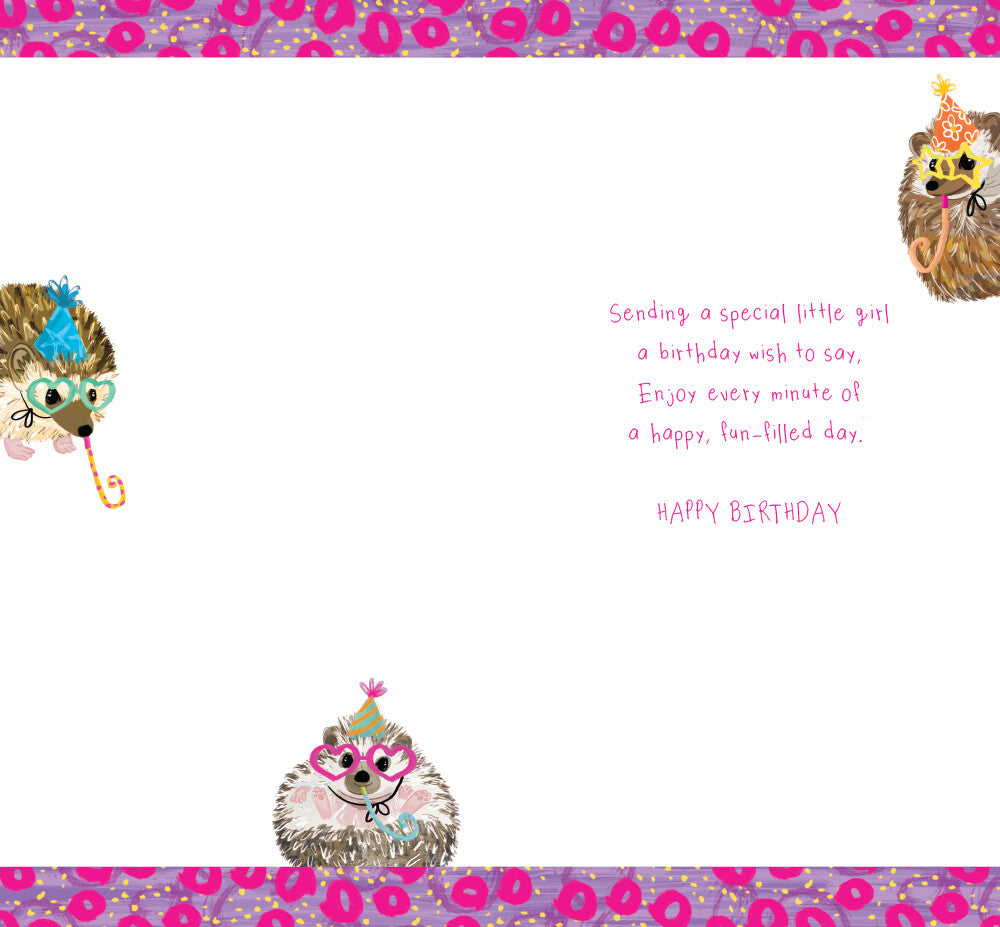 Age 3 Female 3rd Birthday Card Hedgehogs 9" x 5" Lovely Verse
