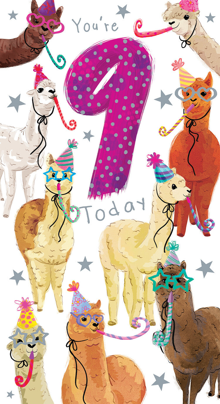 Girls 9th Birthday Card - Nine Today - Cute Llamas Alpacas Party Hats Pink
