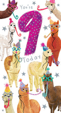 Girls 9th Birthday Card - Nine Today - Cute Llamas Alpacas Party Hats Pink