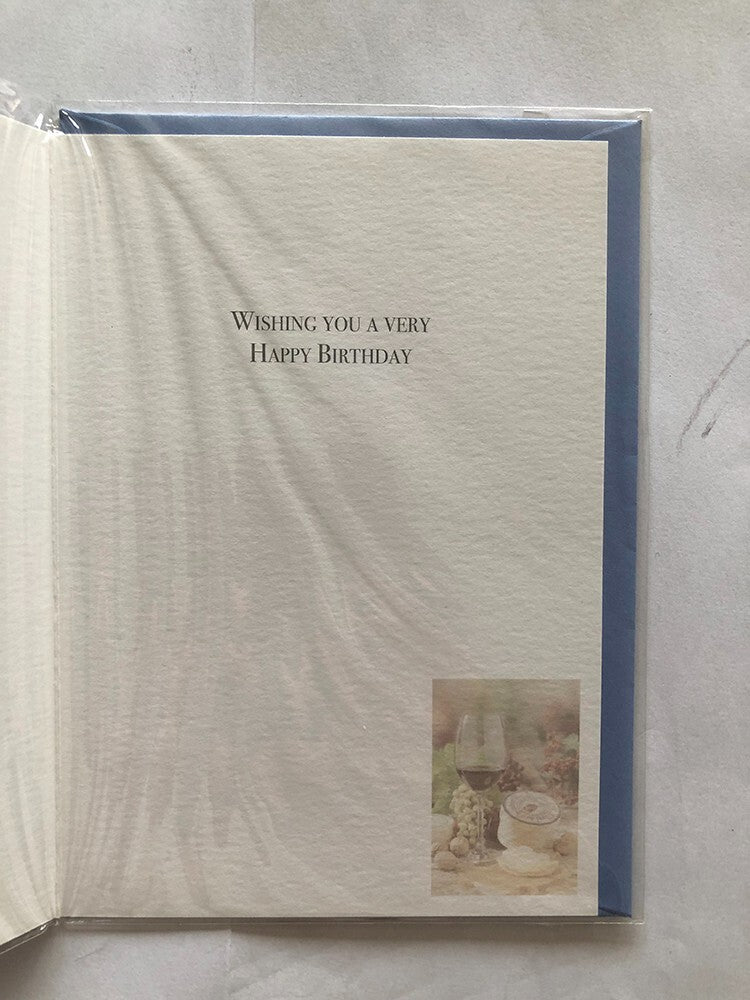 Open Happy Birthday Card Cheese Board Red Wine Grapes Walnuts