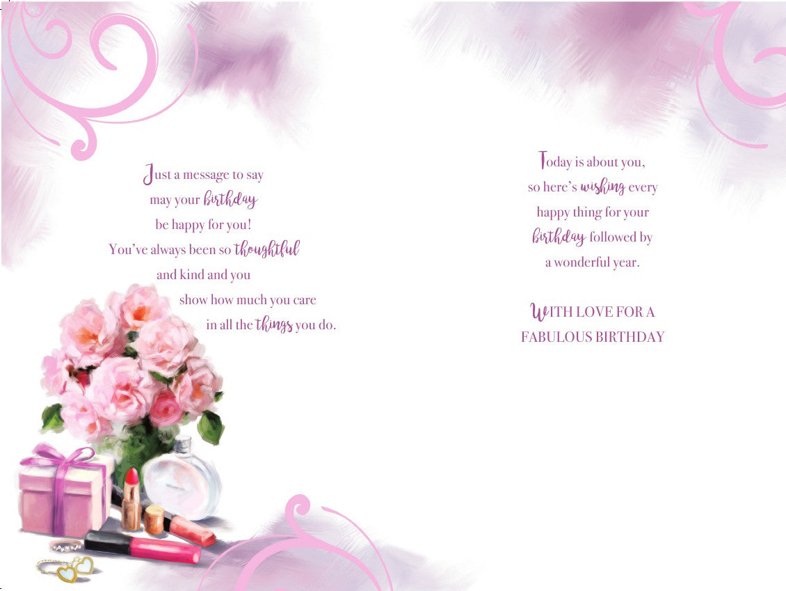Woman In My Life Birthday Card Flowers Gifts Make Up Design Happy Lovely Verse