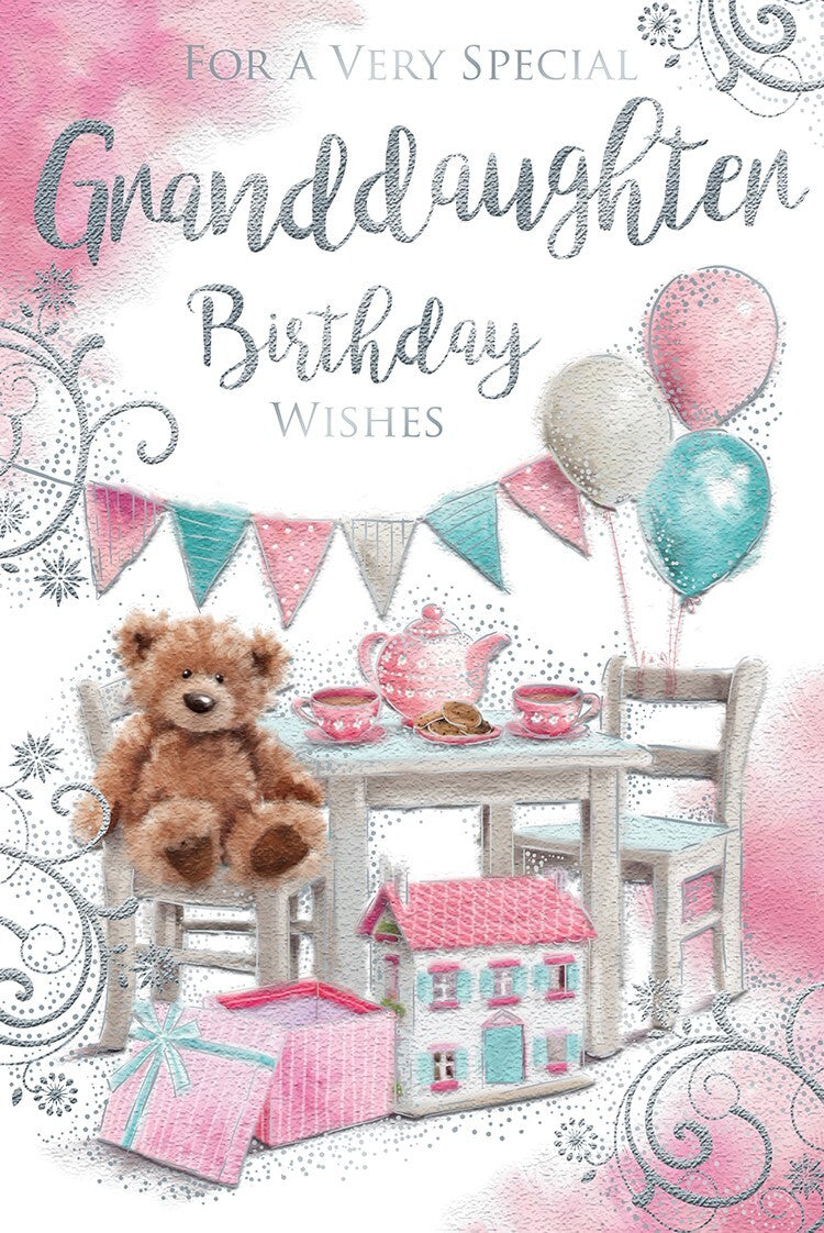 Granddaughter Happy Birthday Card Bear Tea Party & Balloons Design Lovely Verse