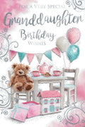 Granddaughter Happy Birthday Card Bear Tea Party & Balloons Design Lovely Verse