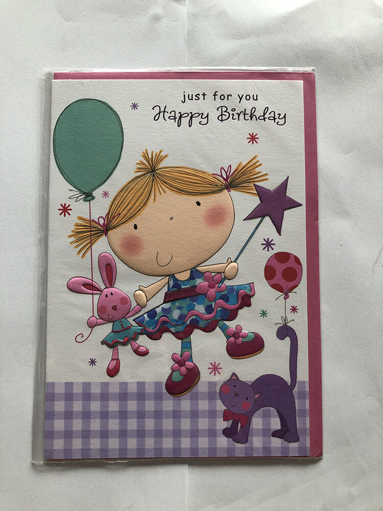Open Female Happy Birthday Card Girl Wand Doll Balloons Cat Just For You