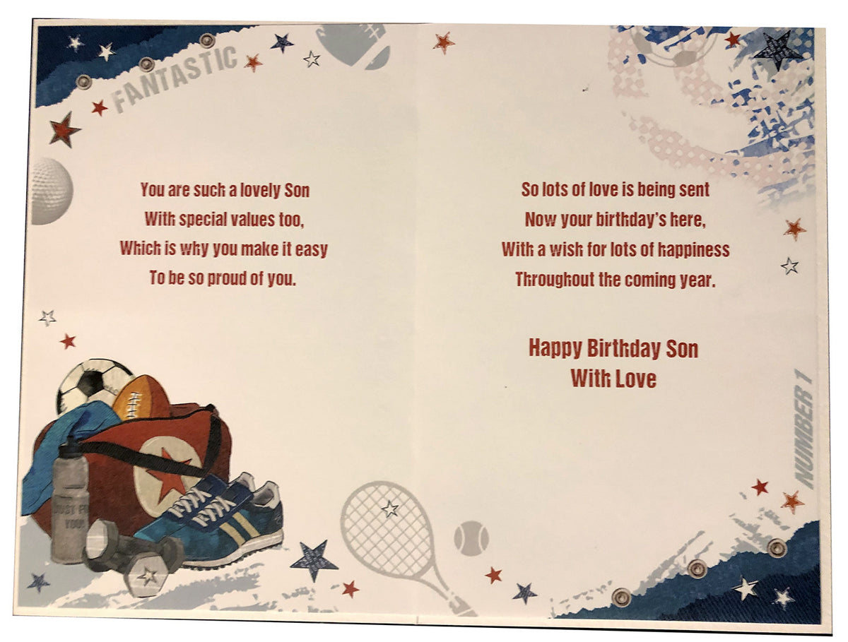 Son Happy Birthday Card Sports Bag Balls Weights Design Lovely Verse
