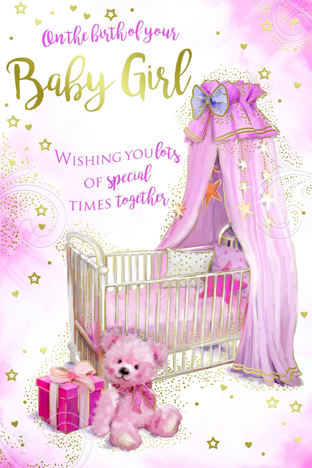 Birth Baby Girl Card On The Of Your Crib Presents Bears & Star Design New Born