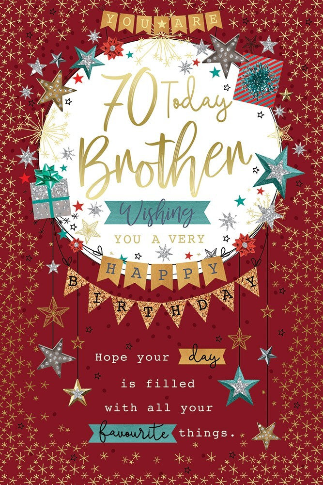 70th Birthday Card Brother - Stars Bunting Gifts Design ~ Approx 6"x9"