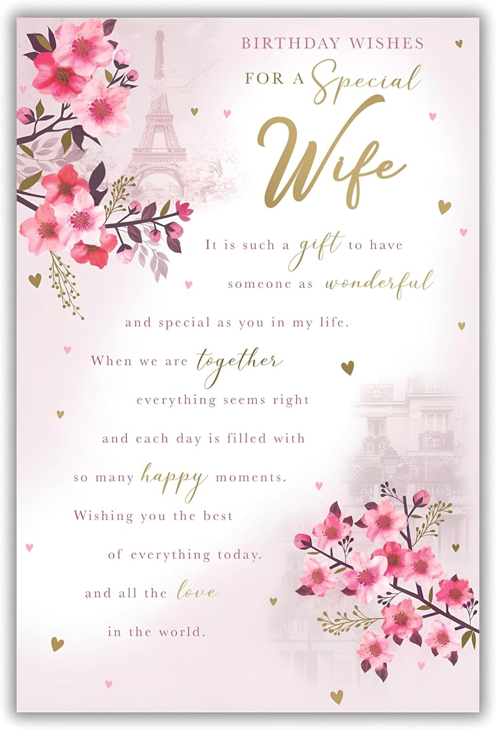 Wife Birthday Card  Paris Design with Cherry Blossoms  15x23cm
