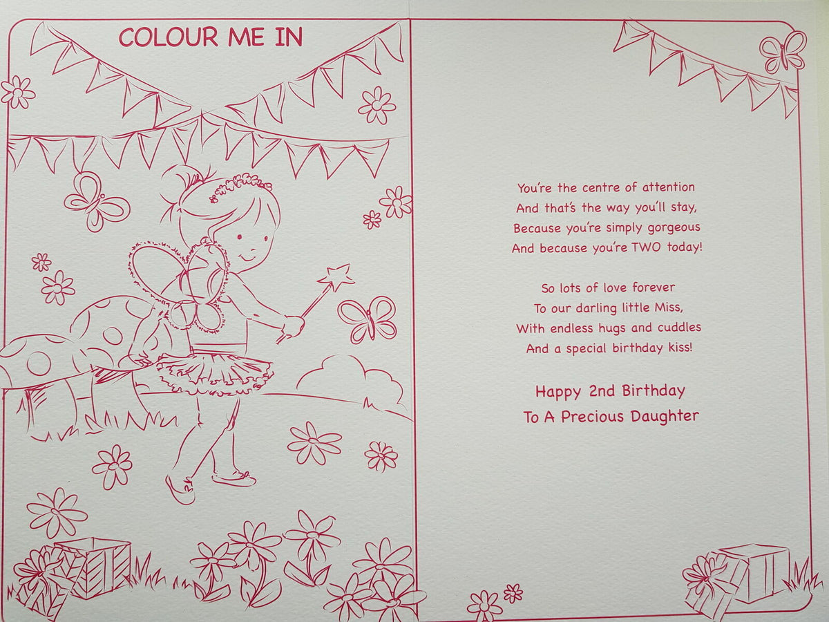 Daughter 2nd Birthday Card Large Colouring Activity Inside