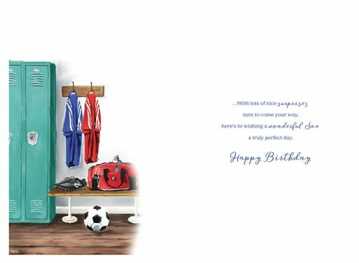 Son 8th Birthday Card Age 8 Locker Room Football & Bag Design Happy Lovely Verse