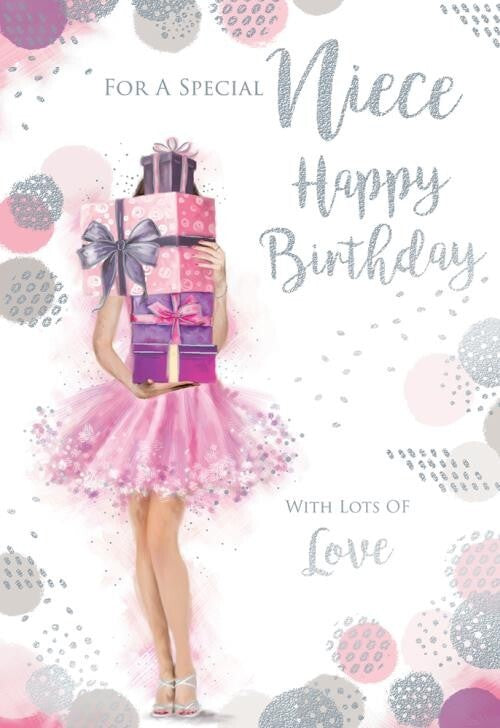Niece Happy Birthday Card Girl & Presents Design