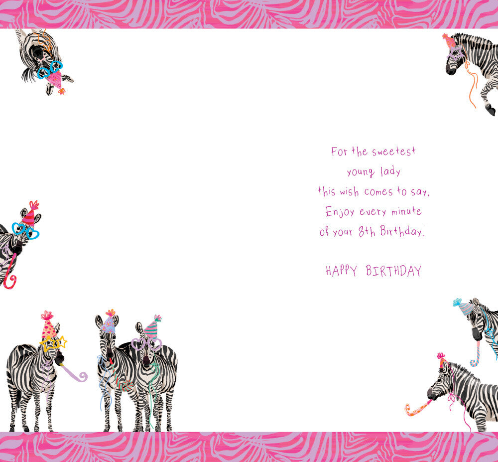 Age 8 Female 8th Birthday Card Zebras 9" x 5" Lovely Verse