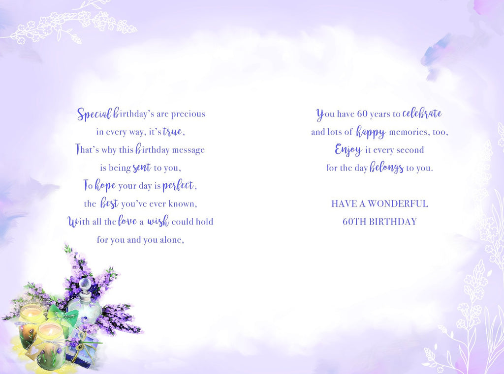 60th Happy Birthday Card 60 Candles Presents Gift Flowers & Perfume Design