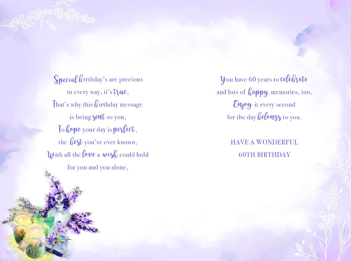 60th Happy Birthday Card 60 Candles Presents Gift Flowers & Perfume Design