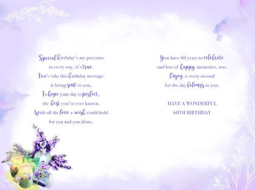 60th Happy Birthday Card 60 Candles Presents Gift Flowers & Perfume Design