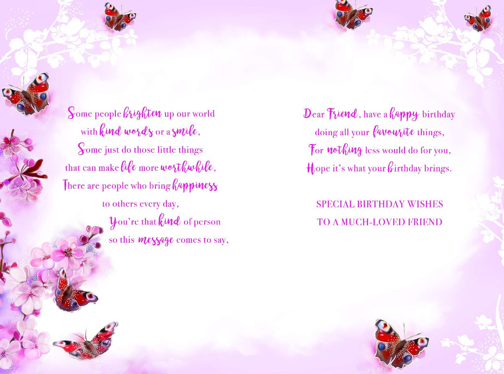Birthday Card for Friend  Butterflies & Blossoms  15x23cm  Colour Insert