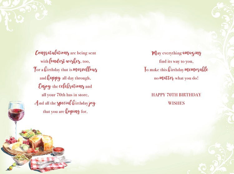 70th Happy Birthday Card 70 Ploughman's Lunch Pork Cheese Wine & Scroll Design