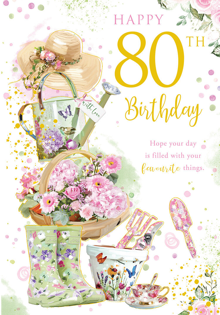 Happy 80th Birthday Card Female Foil Finish 8" x 6" Lovely Verse