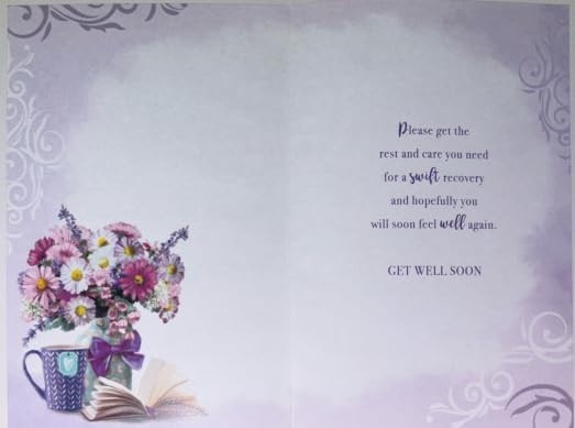 Get Well Soon Card 13cm x 19cm Floral Mug & Book Design Verse Inside
