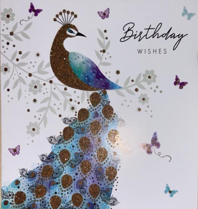 Peacock Birthday Card for Her Female Happy  Wishes Glitter Butterfly Large