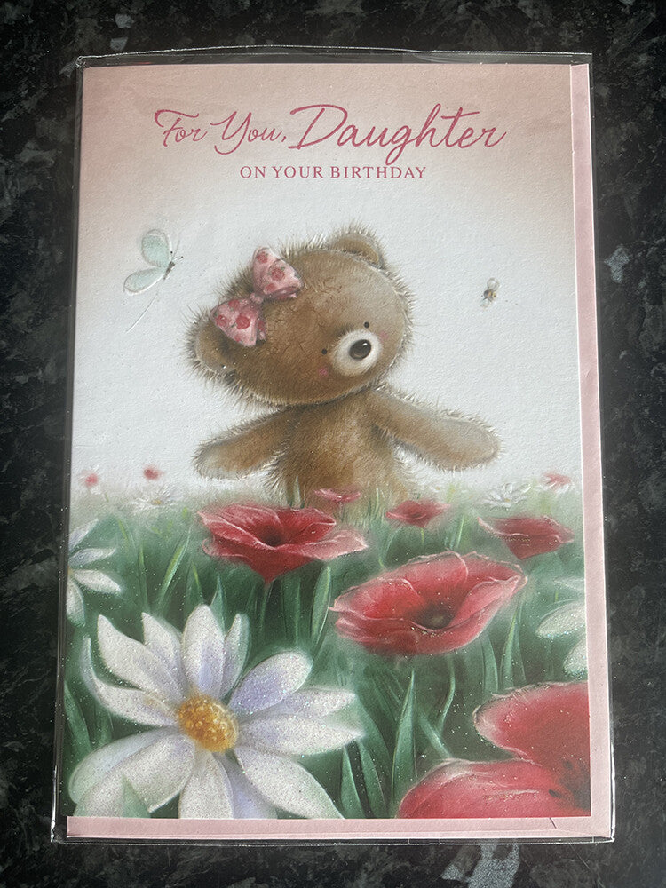 Daughter Happy Birthday Card Cute Bear Flowers Butterfly