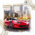Open Happy Birthday Card Red Sports Car City Skyline Design Male