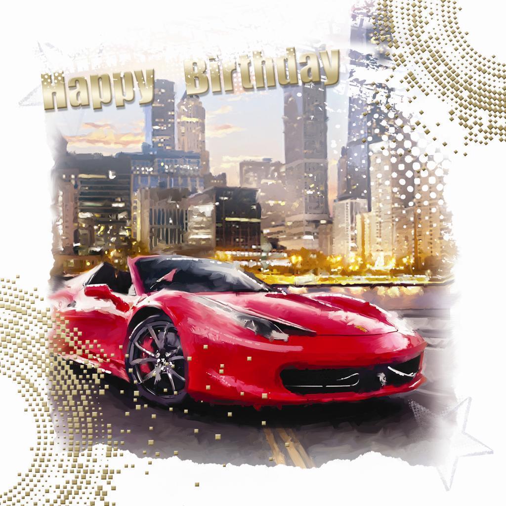 Open Happy Birthday Card Red Sports Car City Skyline Design Male
