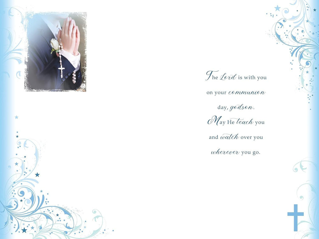 Godson First Holy Communion Card - Praying Hands, Rosary, Blessings