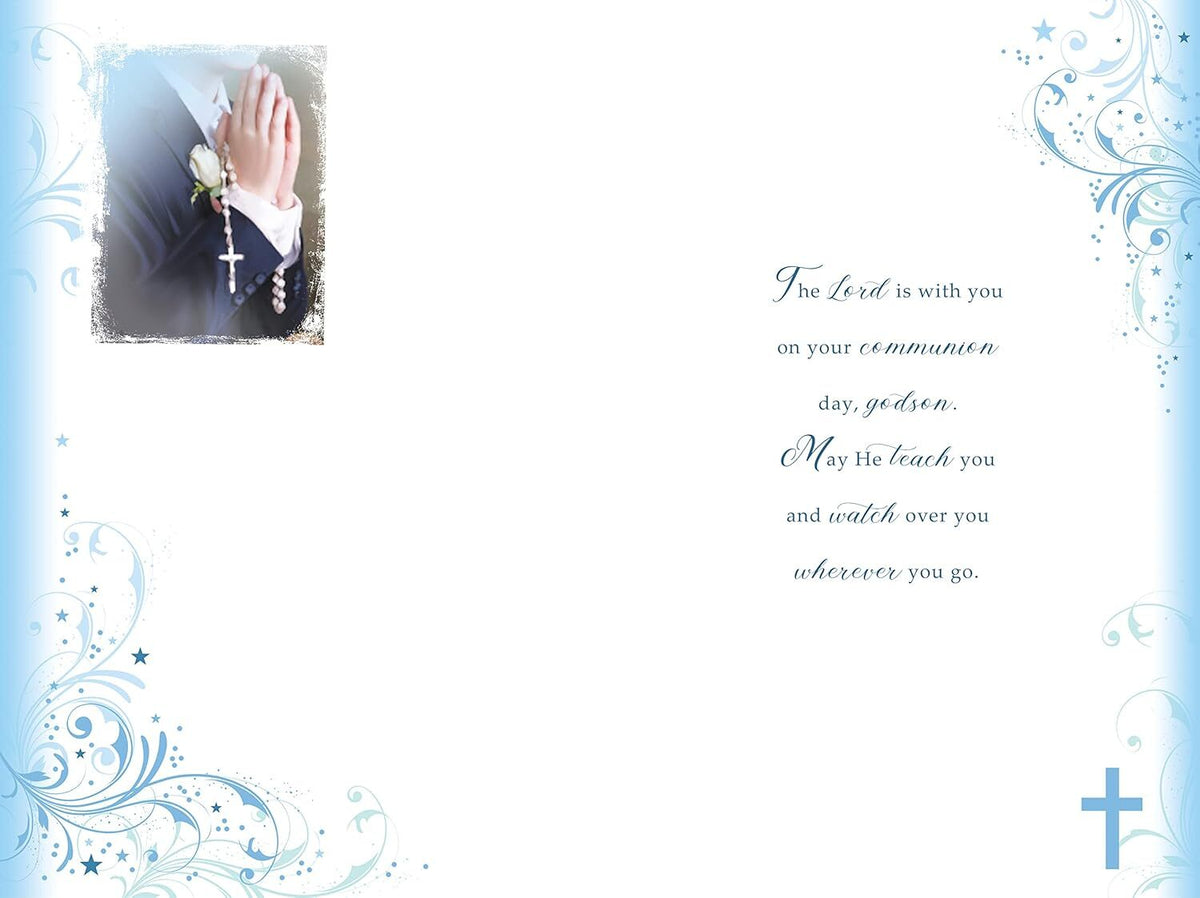 Godson First Holy Communion Card - Praying Hands, Rosary, Blessings