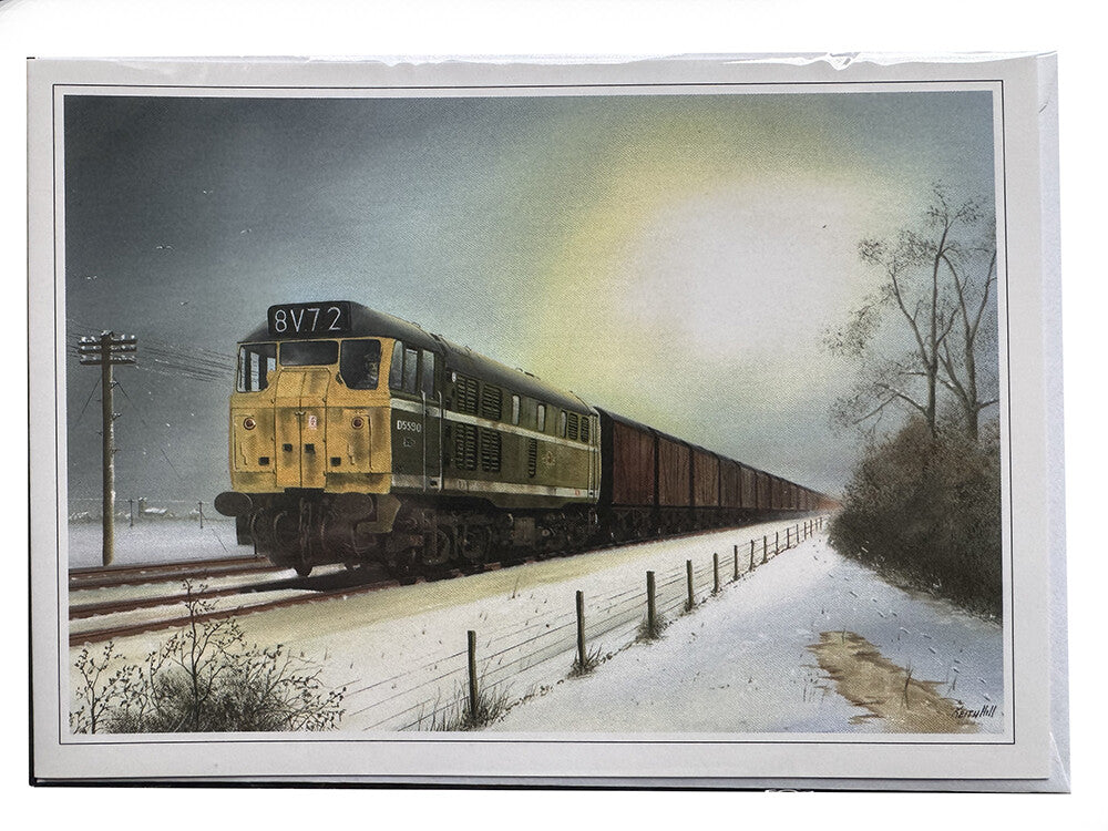Fenland Winter Type 3 Diesel Train & Containers Open Birthday Christmas Card