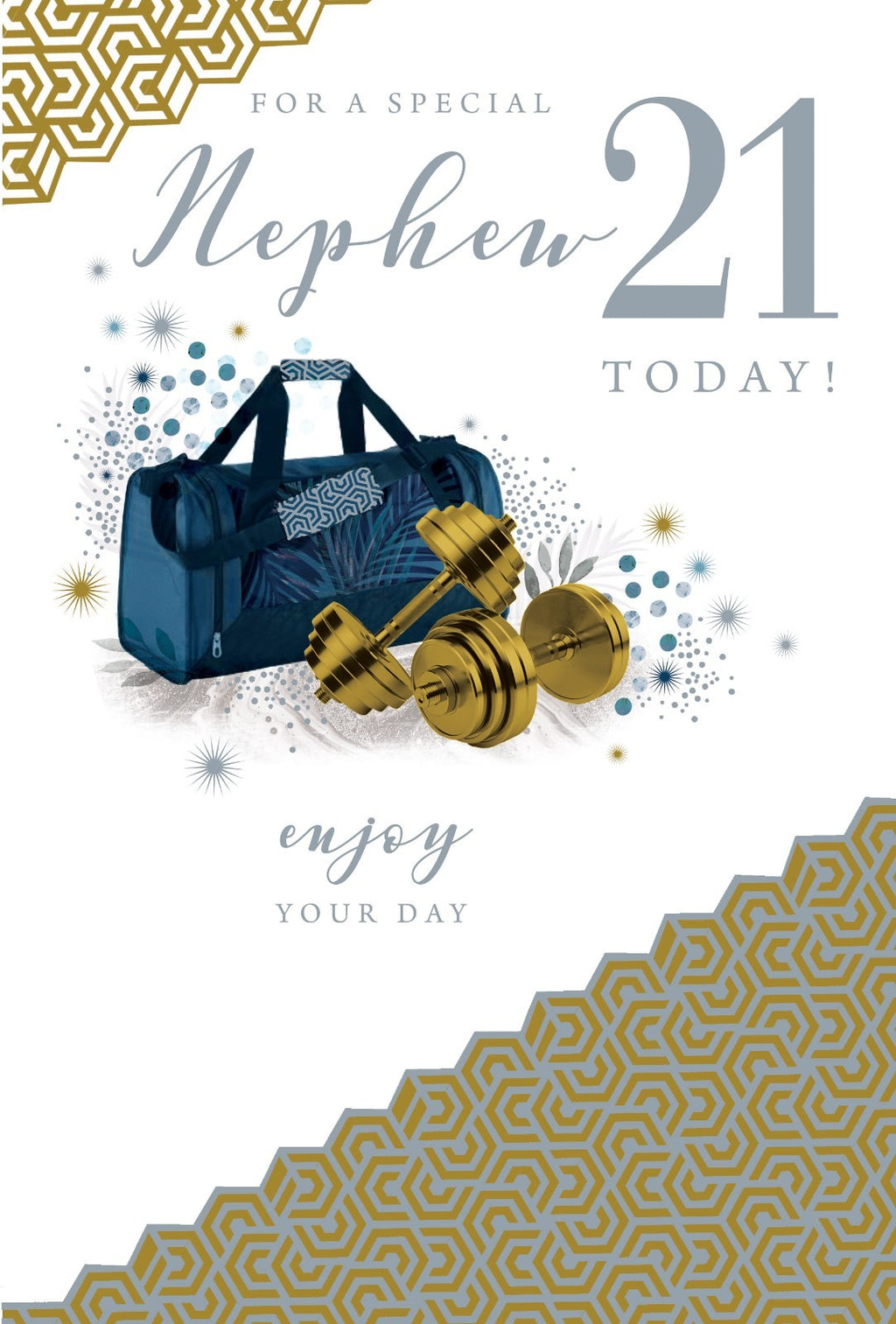 21st Birthday Card for Nephew  Gym Bag & Dumbbells  15x23cm  Colour Insert
